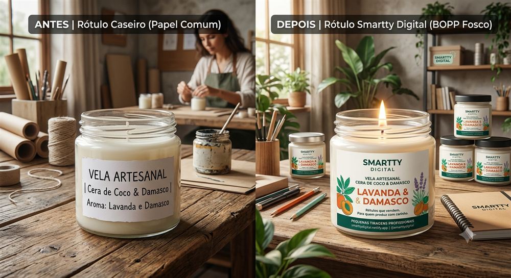 Comparação close-up entre rótulo caseiro e rótulo profissional Smartty Digital em vela de lavanda e damasco