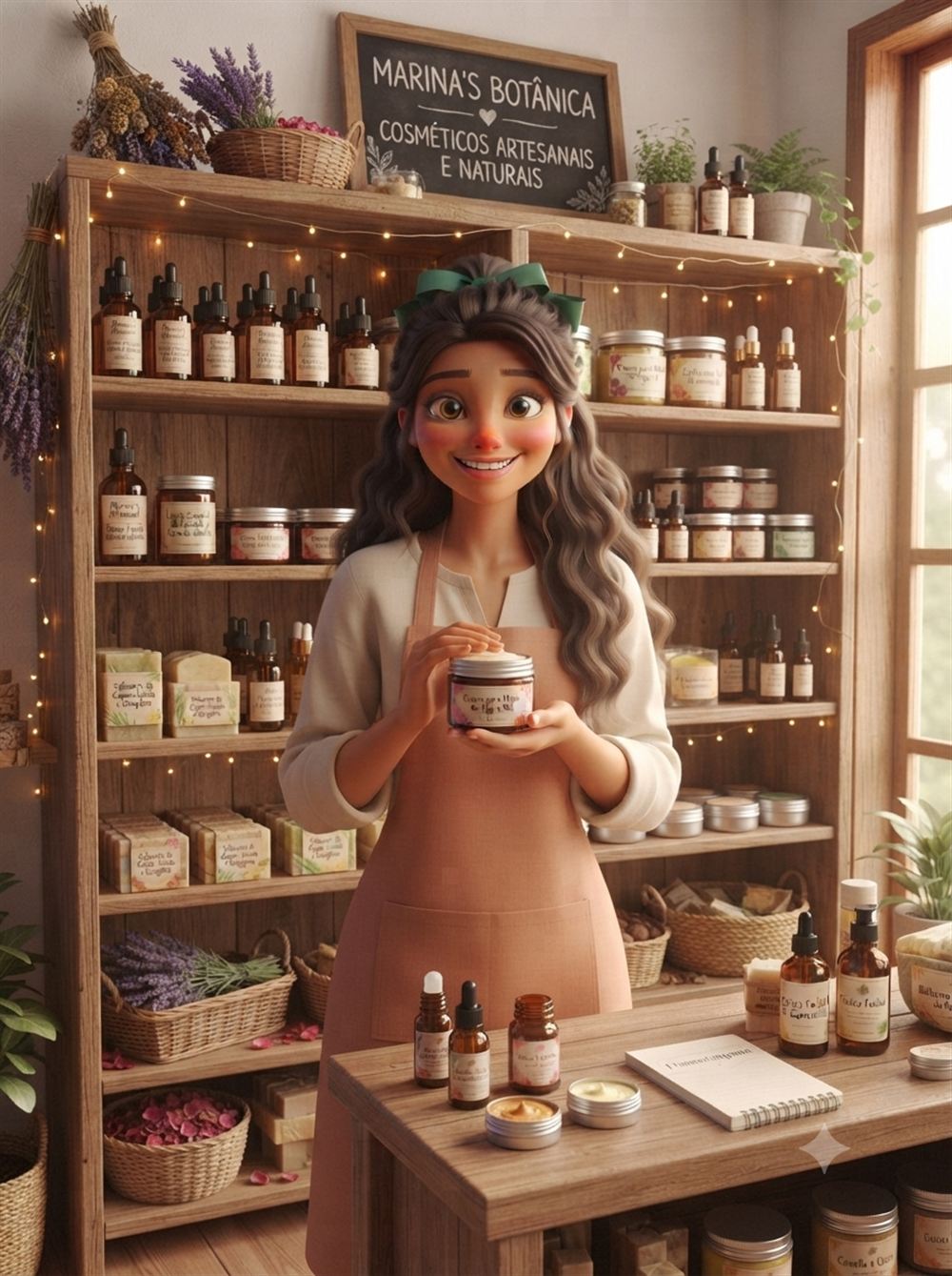Linha completa de cosméticos artesanais com rótulos personalizados, cada produto com identidade própria