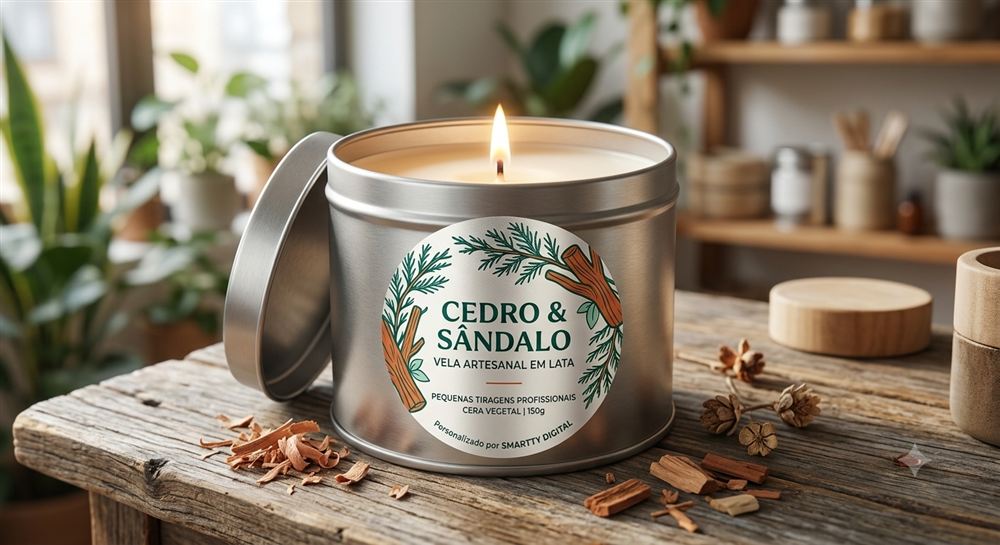 Rótulo para vela artesanal em lata, aroma cedro e sândalo